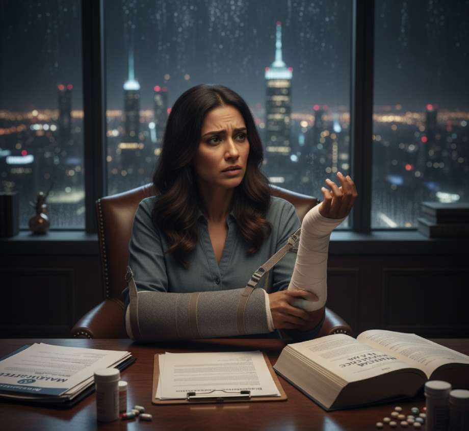 Woman with an injured arm reviewing legal documents in a nighttime office.