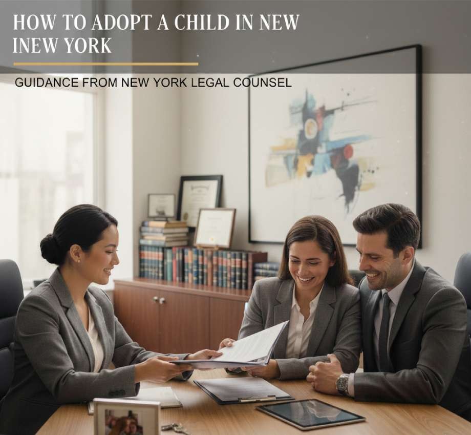 Attorney consulting with smiling couple about child adoption process in New York.