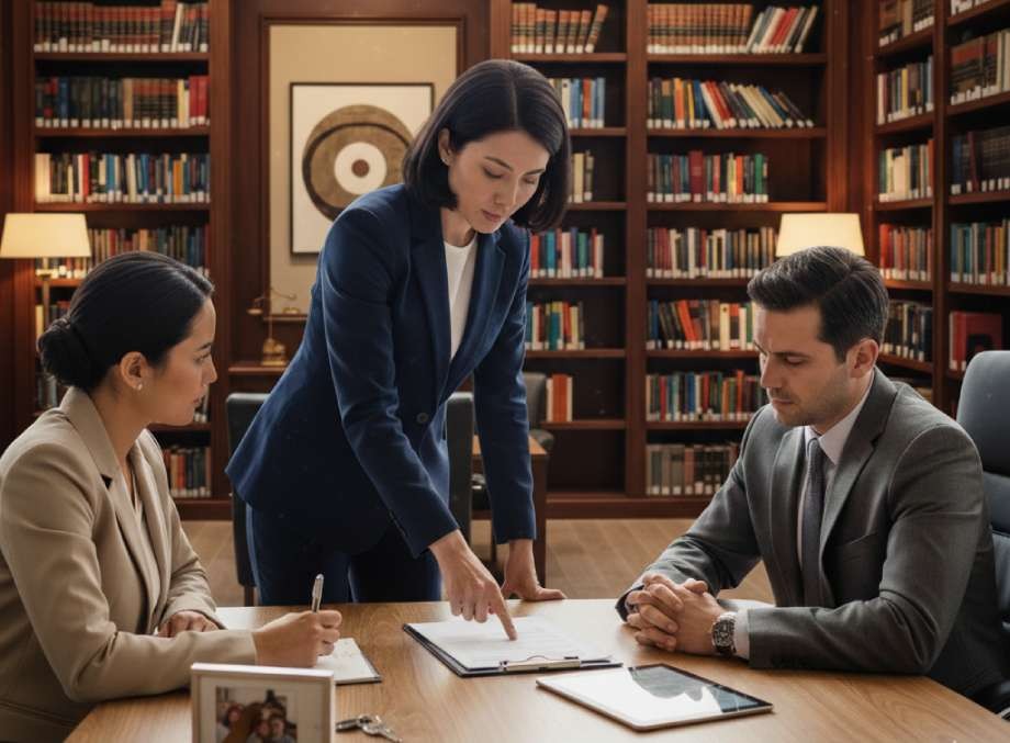 Lawyer pointing at legal documents during a meeting with clients.
