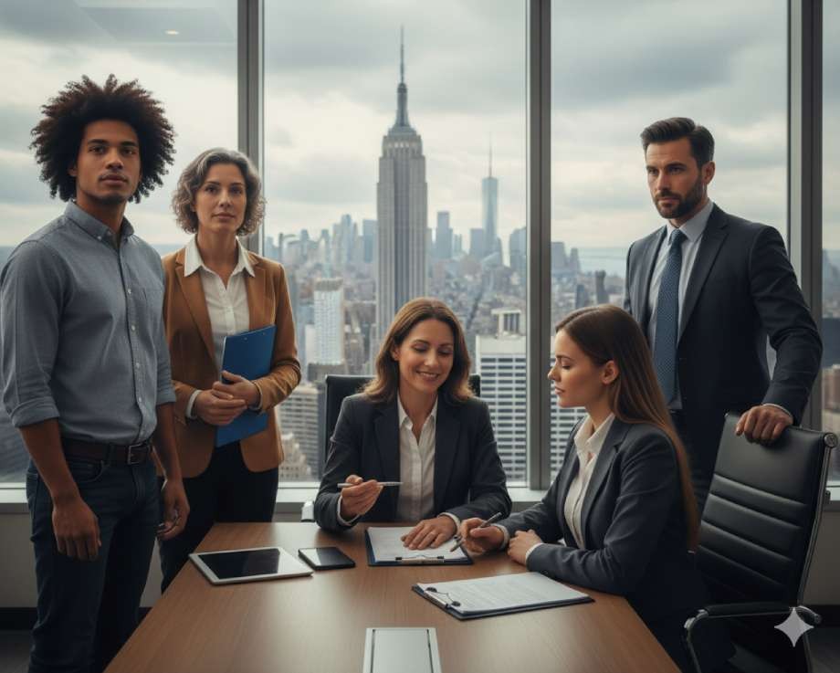 A diverse legal team posing in a modern New York City office with a skyline view.