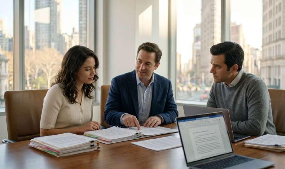 Three people sit at a conference table with documents and a laptop, discussing Who Should Get a Prenup New York in a bright office with large windows overlooking the cityscape.