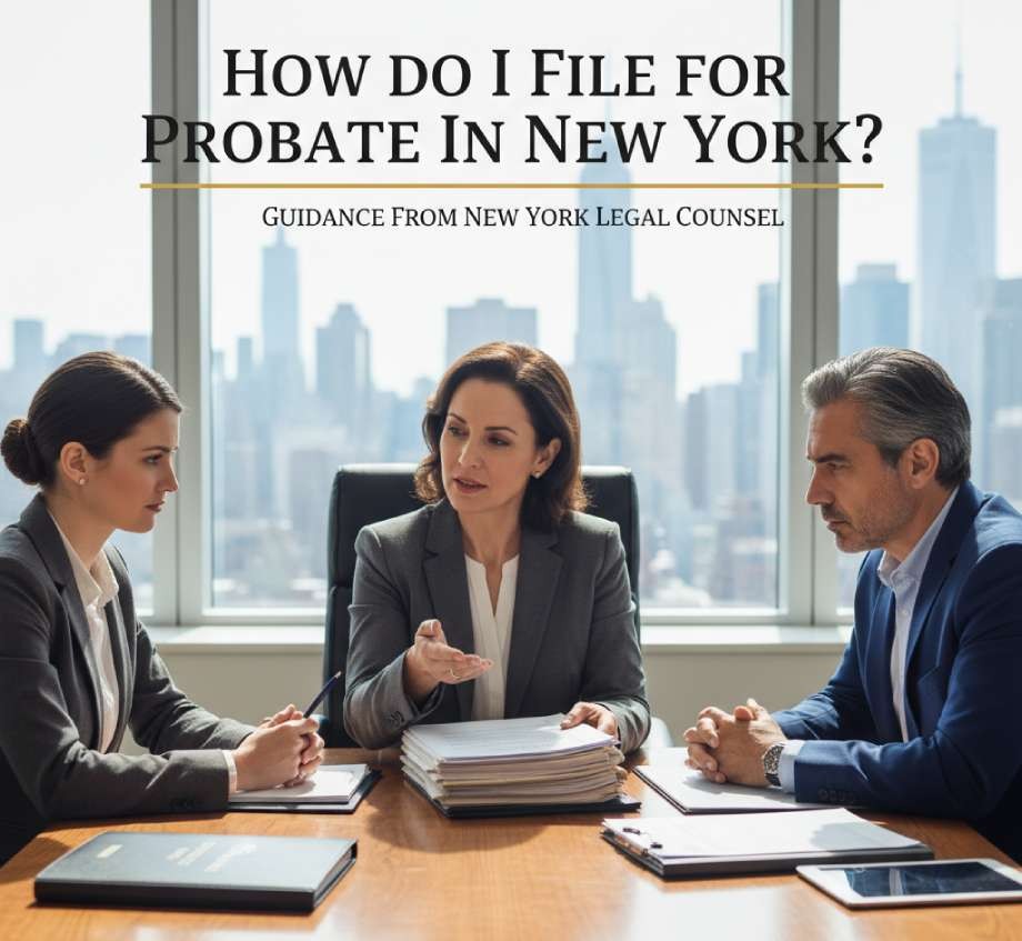 A legal team discussing probate filing in a New York office with a city skyline view.