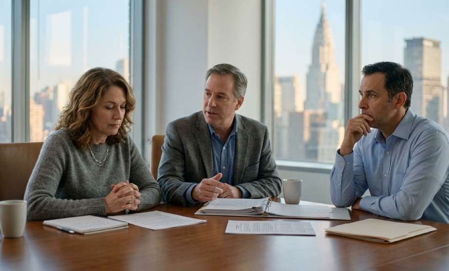 Three people sit at a conference table with papers and coffee mugs, engaged in a serious discussion about how a contested divorce is handled in NYC, with city buildings visible through large windows in the background.