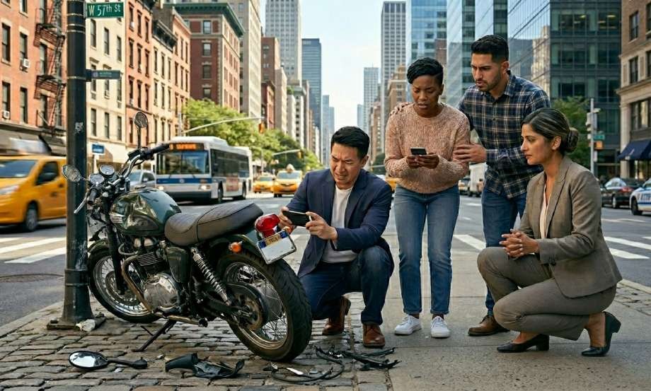 A diverse group of legal professionals documenting a motorcycle accident scene on a city street.