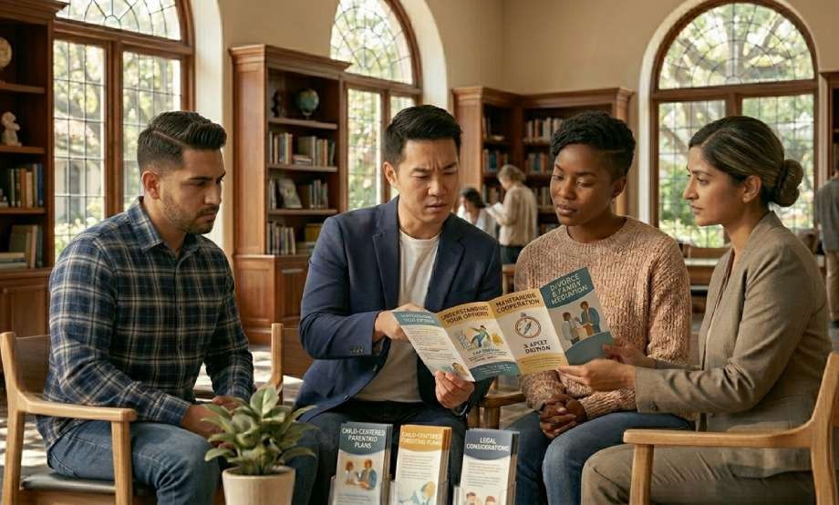Four adults sit together in a library, attentively reading and discussing informational brochures about legal services and management plans to help make divorce less difficult NYC.