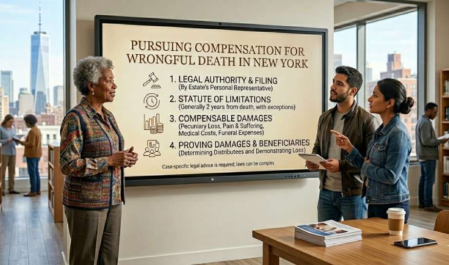 Three people discuss a presentation titled "Compensation for a Wrongful Death in New York," reviewing legal steps and key details displayed on a large screen in an office setting.