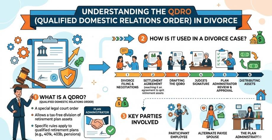 Infographic answering "What Is a QDRO?" and explaining the QDRO process in divorce, outlining its definition, key steps, and parties involved such as the plan administrator, participant, and alternate payee spouse.