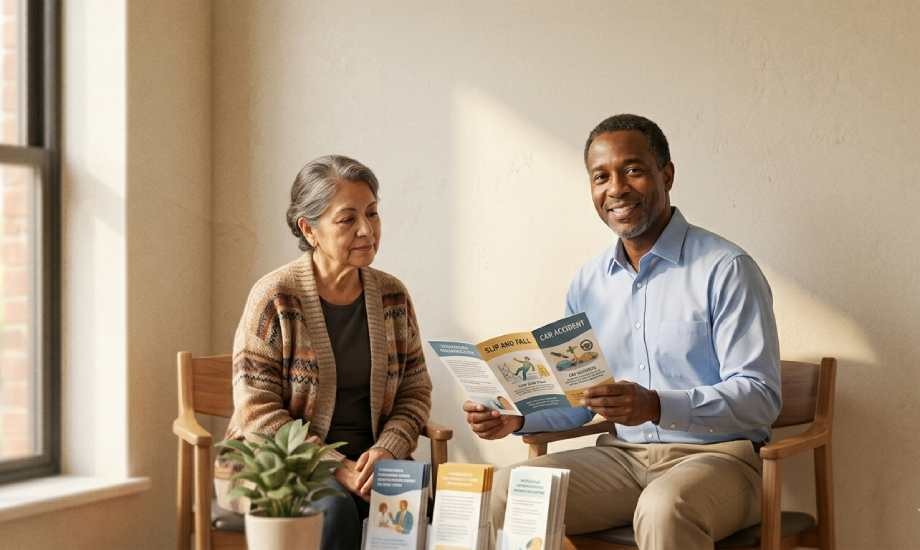 A professional legal advisor showing an informational brochure to a senior woman.