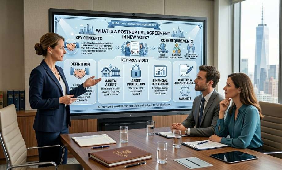 A professional woman presents a guide titled "What Is a Postnuptial Agreement in New York?" to a man and woman seated at a conference table in an office overlooking the city skyline.