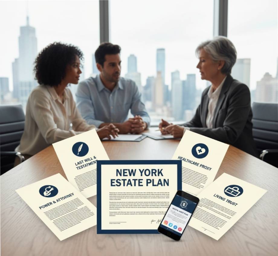 Three people in a meeting discuss estate planning documents—Last Will, Power of Attorney, Healthcare Proxy, Living Trust, and New York Estate Plan—sharing tips for an estate plan in New York with a city skyline in the background.