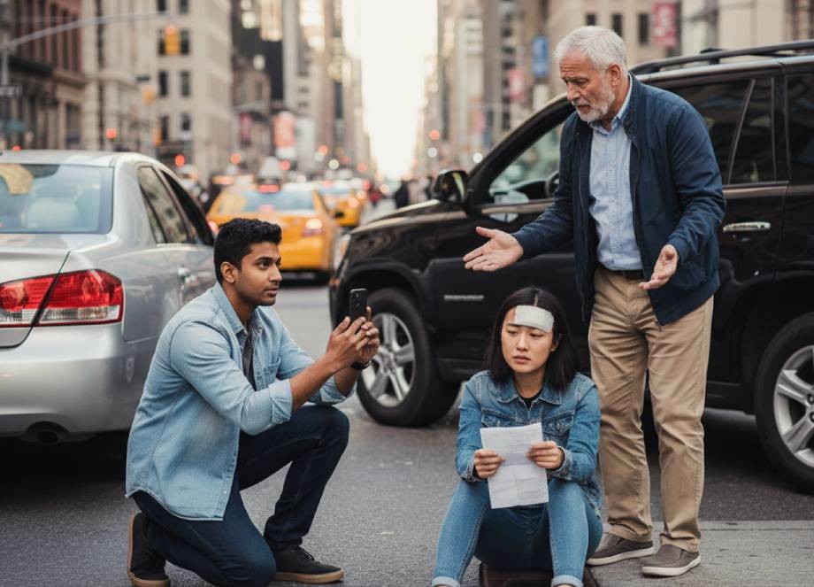 Man taking phone photos of car accident scene with injured woman.