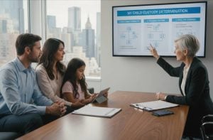 A legal professional presenting information on a screen to a young family in an office.