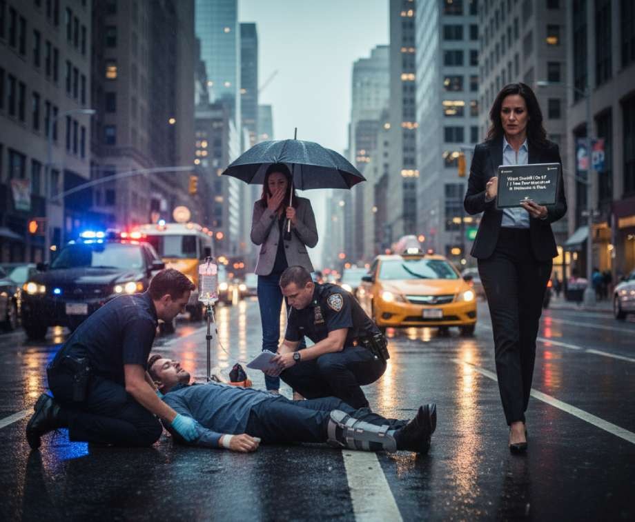 First responders attending to an injured man on a busy city street.