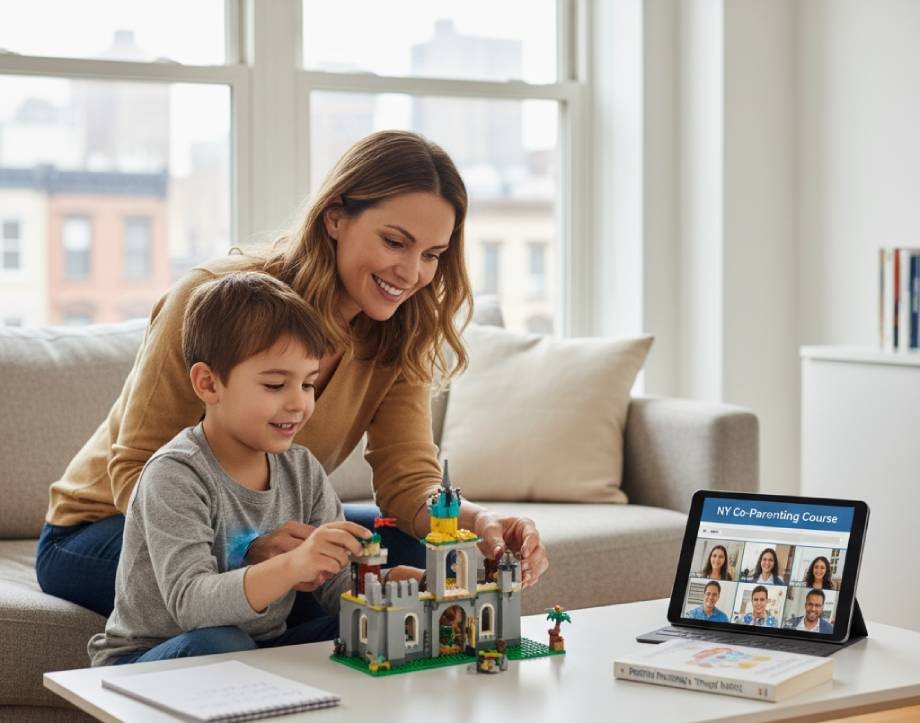 Mother and son building a toy castle together near a co-parenting tablet.