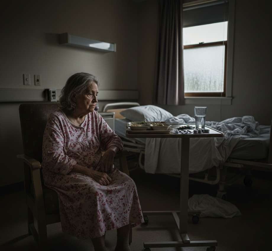 An elderly woman sitting in a hospital room beside a patient bed.