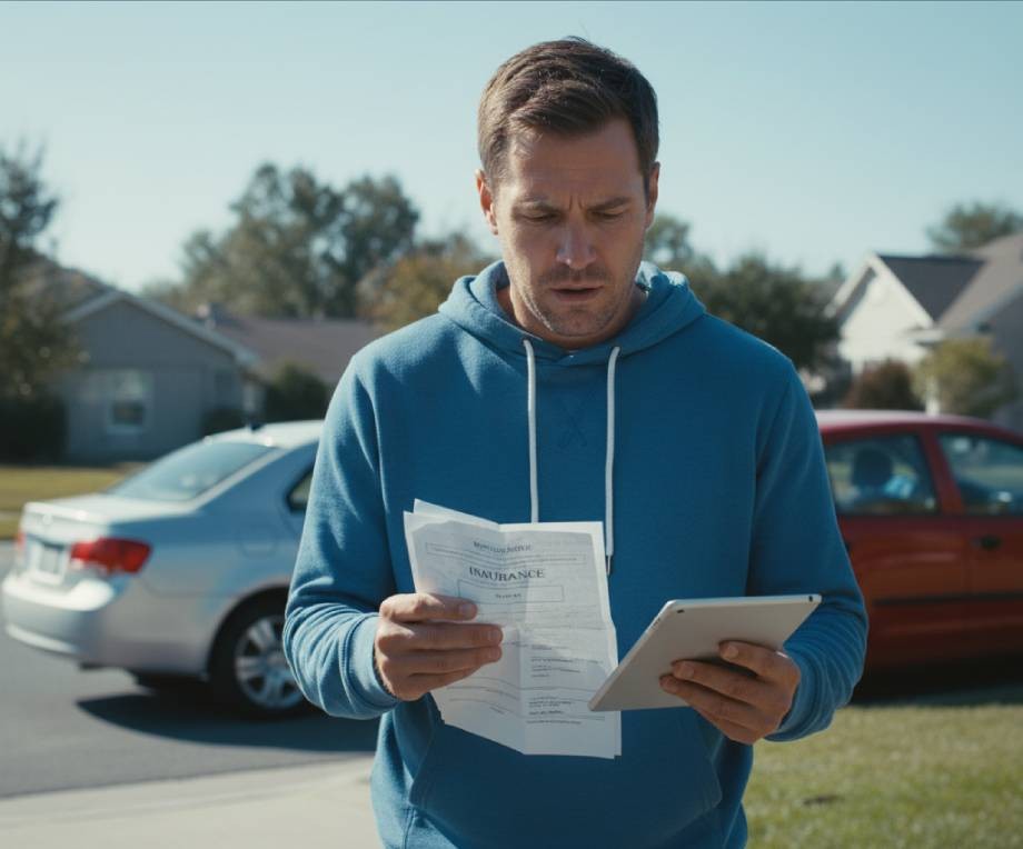A man in a blue hoodie stands outdoors in Brooklyn, NYC, holding insurance documents and a tablet, looking concerned about suspended auto insurance risks. A parked car and houses are visible in the background.