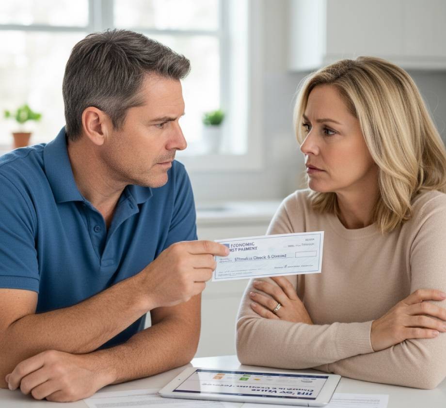A concerned couple reviewing financial documents and a check during a legal settlement.
