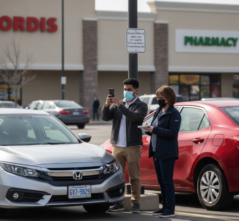 People taking photos of car damage in parking lot after accident.