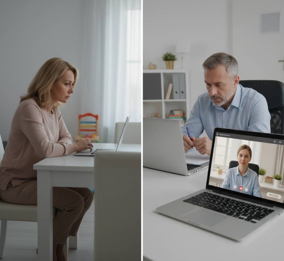 A woman and a man sit at separate desks using laptops; the man is on a video call, with the woman’s image visible on his laptop screen—illustrating divorce proceedings affected by COVID-19 in Brooklyn, NYC.