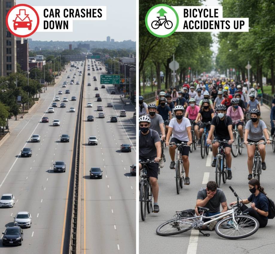 Split image: Left side shows light traffic on a highway with "Car Crashes Down" label; right side shows cyclists and two fallen bikes labeled "Bicycle Accidents Up," highlighting bicycle accidents linked to coronavirus in Brooklyn, NYC.