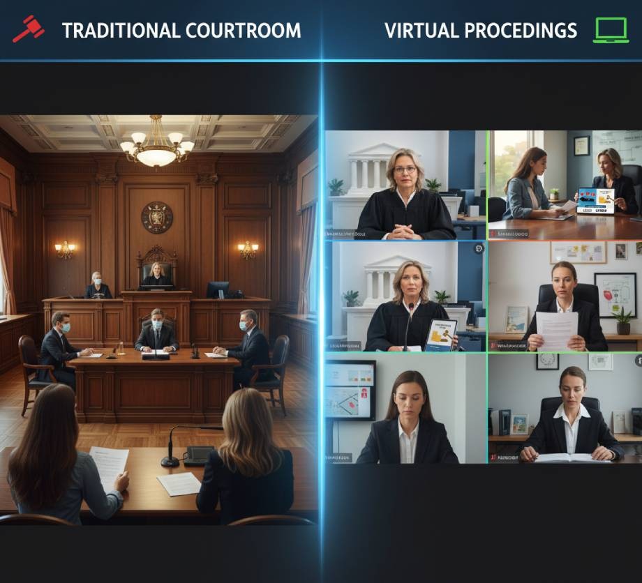 Split image comparing a traditional courtroom scene on the left with six participants in a virtual personal injury litigation proceeding on the right, each joining via video call—highlighting how COVID-19 has changed courtrooms in Brooklyn NYC.
