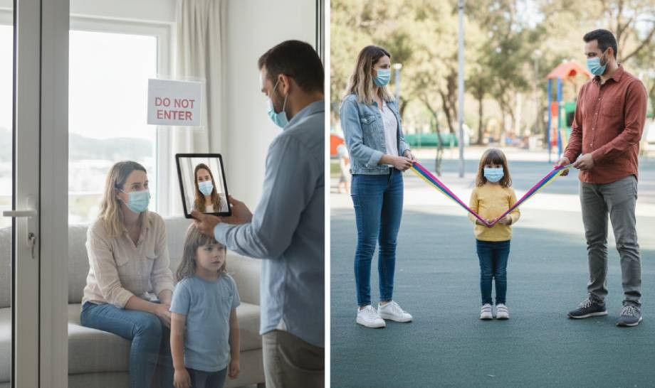 Split image: Left side shows a masked woman and child indoors behind glass, a masked man holds a tablet; right side shows the same masked family outside holding colorful ribbons—reflecting changes to custody visitation during COVID-19 in Brooklyn NYC.