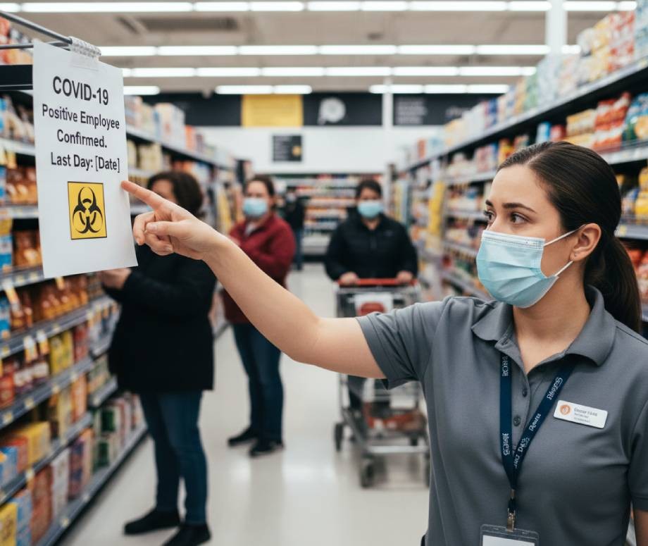 A masked grocery store employee in Brooklyn, NYC, points to a COVID-19 notice about a confirmed case, while shoppers browse shelves in the background—highlighting rising concerns about personal injury claims from COVID-19 exposure.