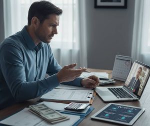 Man in blue shirt sits at a desk in Brooklyn, NYC, with paperwork, calculator, and cash, gesturing during a video call about income loss and child support. Financial charts and a calendar are visible on the desk.