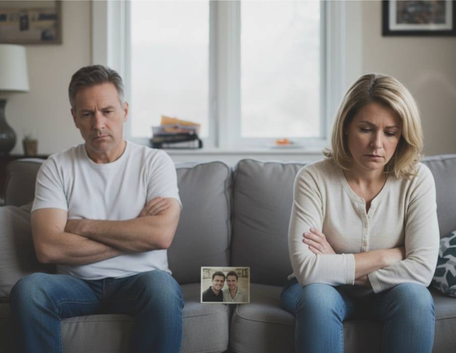 Distanced couple sitting on couch with arms crossed in living room.