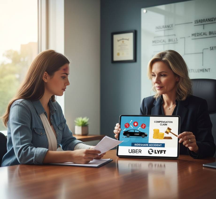 Two women sit at a desk; one holds documents while the other shows a tablet explaining Understanding How Injured People Get Compensation in Uber and Lyft Accidents.