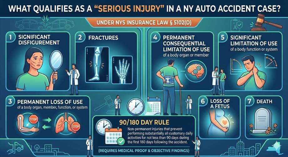 Infographic detailing what qualifies as a “serious injury” in a NY auto accident case, covering disfigurement, loss or limitation of use, loss of fetus, death, and the 90/180 day rule.