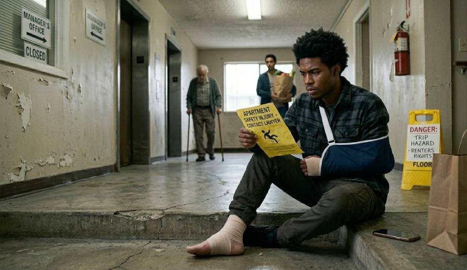 Injured man with arm sling sitting on apartment hallway floor.