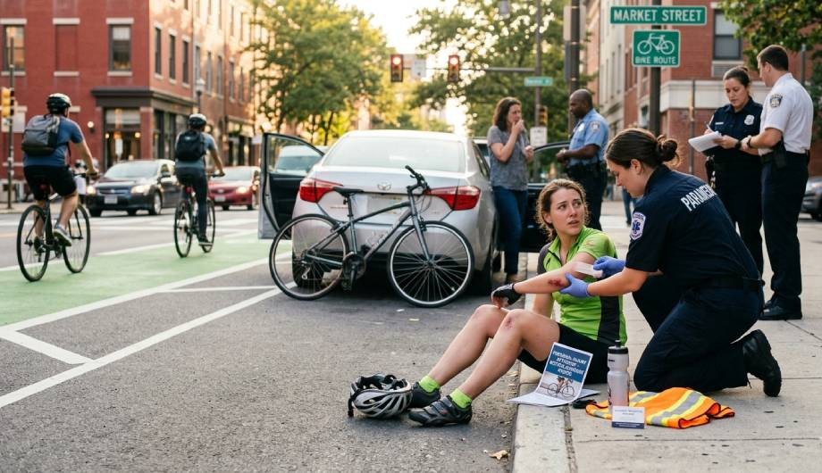 A paramedic assists a bicyclist injured in an accident, as the cyclist sits on the curb beside a car and a fallen bicycle, with bystanders and police present on the city street.