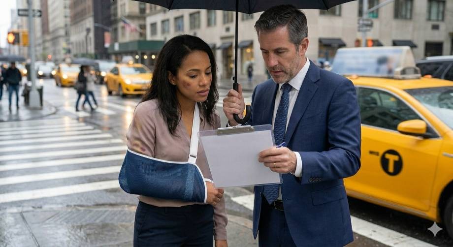 A woman, recently hit by a taxicab, with a bruised face and arm in a sling, stands under an umbrella beside a man in a suit holding a clipboard on a city street near yellow taxis.