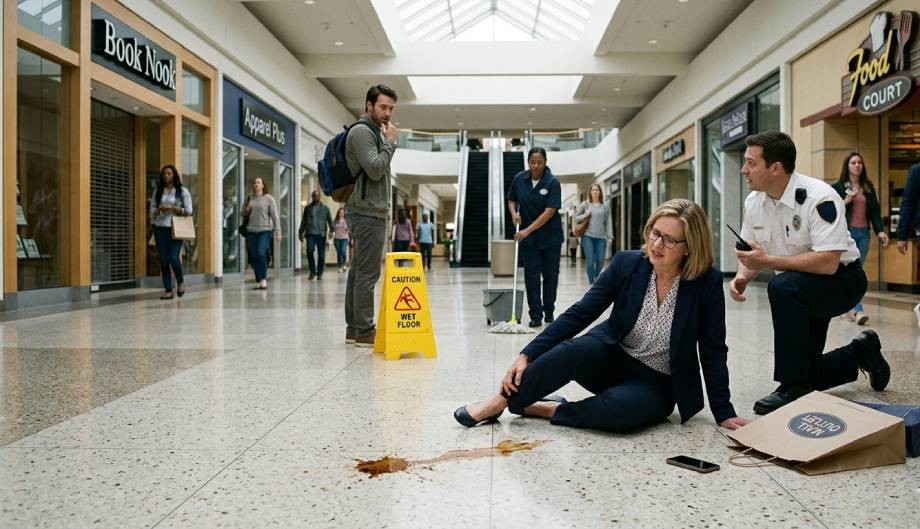 A woman sitting on a mall floor after a slip and fall accident.