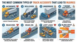Infographic detailing The Most Common Types of Truck Accidents That Lead to Injuries: jackknife, rollover, underride, T-bone, rear-end, head-on, lost load, and blind spot—each shown with an illustration and brief explanation of the cause.