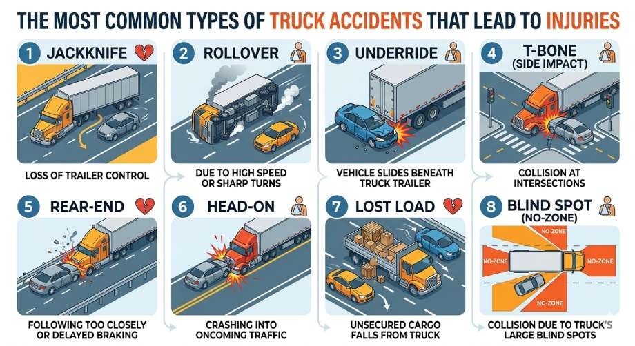 Infographic detailing The Most Common Types of Truck Accidents That Lead to Injuries: jackknife, rollover, underride, T-bone, rear-end, head-on, lost load, and blind spot—each shown with an illustration and brief explanation of the cause.