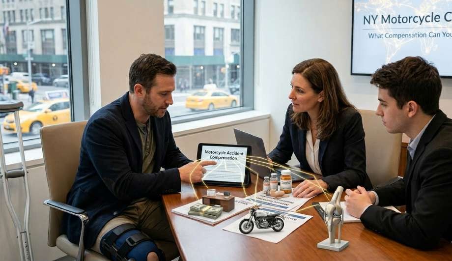 Lawyer discussing a case with clients using a digital tablet.
