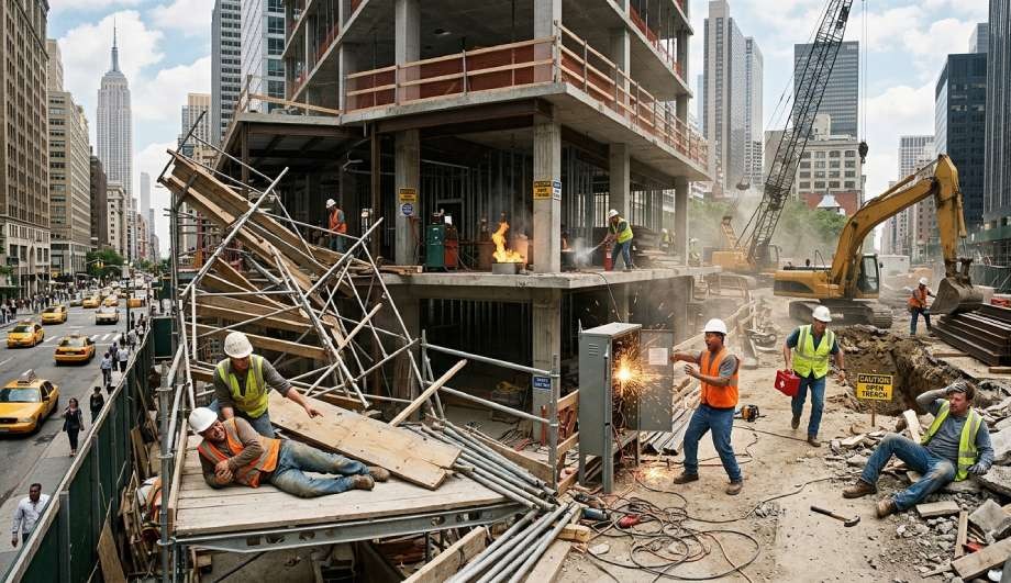 Construction workers at a busy urban site with scaffolding, equipment, and taxis in the background—a scene that highlights the most common types of New York City construction accidents as some workers weld while others rest or carry materials.