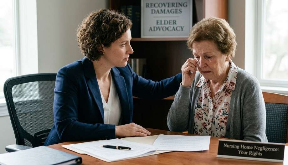 A woman comforts an older woman who appears upset in an office with legal documents; a sign in the background reads "Recovering Damages Elder Advocacy—Nursing Home Negligence.