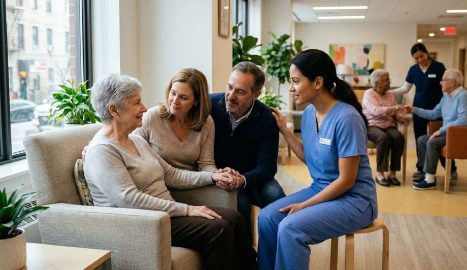 Professional caregiver in blue scrubs comforting an elderly woman and family.