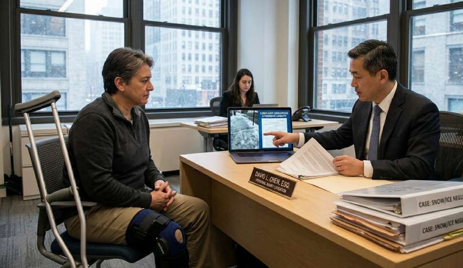 A man with crutches and a knee brace sits across from a lawyer in an office, discussing suing a property owner over snow and ice injuries in Brooklyn, NYC; the lawyer points at documents while another person works at a desk in the background.