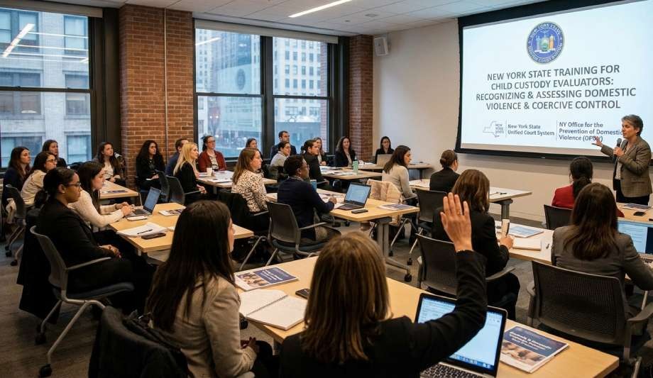 A group of Child Custody Evaluators in a conference room attend a training session on child custody evaluation and domestic violence, with a presenter speaking at the front and a participant raising a hand.