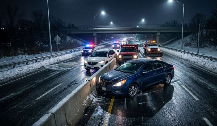 A blue sedan is crashed against a concrete median on an icy highway at night, with police cars, a tow truck, and emergency lights in the background—raising questions about who may be liable for damages when a car accident occurs on black ice.
