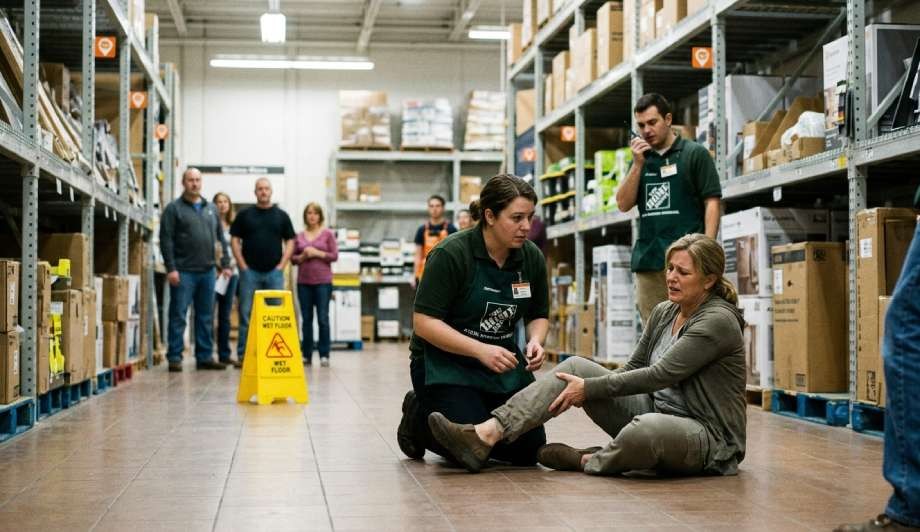 A woman sits on the floor of a store aisle holding her ankle, assisted by an employee, while others watch from a distance; a “Caution Wet Floor” sign is nearby—know your rights after being hurt in a big box store slip and fall.