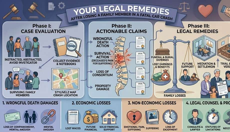 Infographic outlining steps after losing a family member in a fatal car crash—covering case evaluation, actionable claims, legal remedies, and types of losses such as wrongful death, economic, non-economic damages, and court processes.