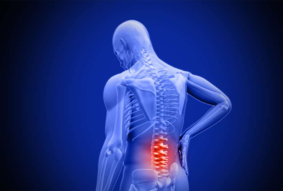 Anatomical blue 3D render of a human spine highlighting lower back pain.
