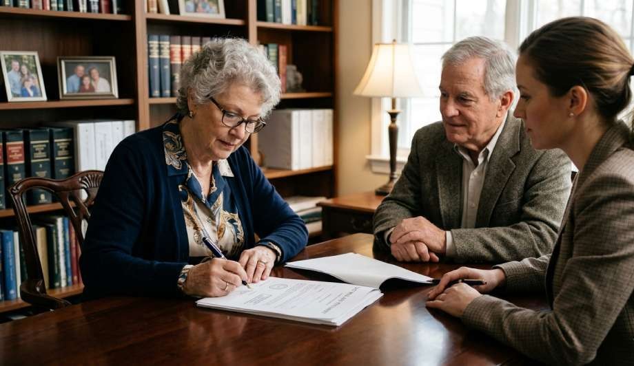 Three adults sit at a desk as an older woman signs documents related to writing a will that can stand up to probate challenges, with papers and pens in front of them in a home office setting.