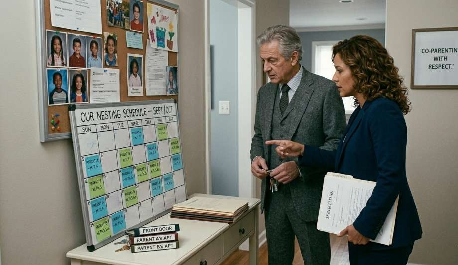 Two professional attorneys discussing a detailed case schedule on a whiteboard.