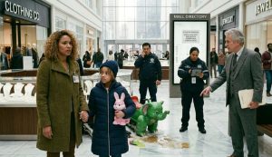 A woman and child stand in a mall holding hands, while three officials inspect a scene with spilled items and a toppled toy ride—details surrounding an incident where a resident sues the mall after fall NYC. A man in a suit stands nearby, pointing.